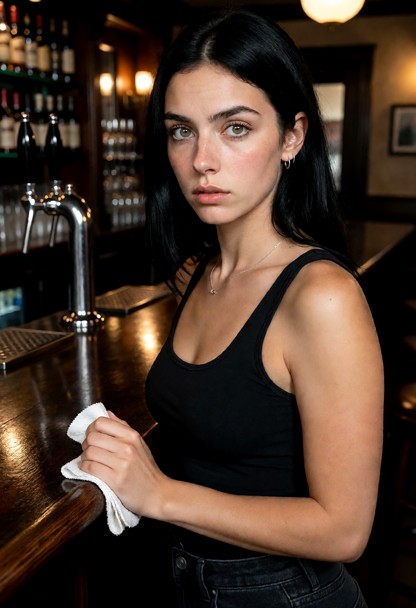 Location: dimly lit pub with a polished dark wood bar top, metal tap handles, and soft amber light reflecting off gla…