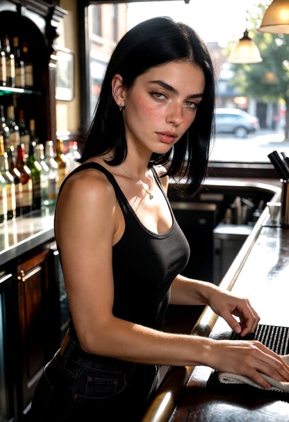Location: sunlit pub during the afternoon with dust motes dancing in the light, polished dark wood surfaces, and rows…