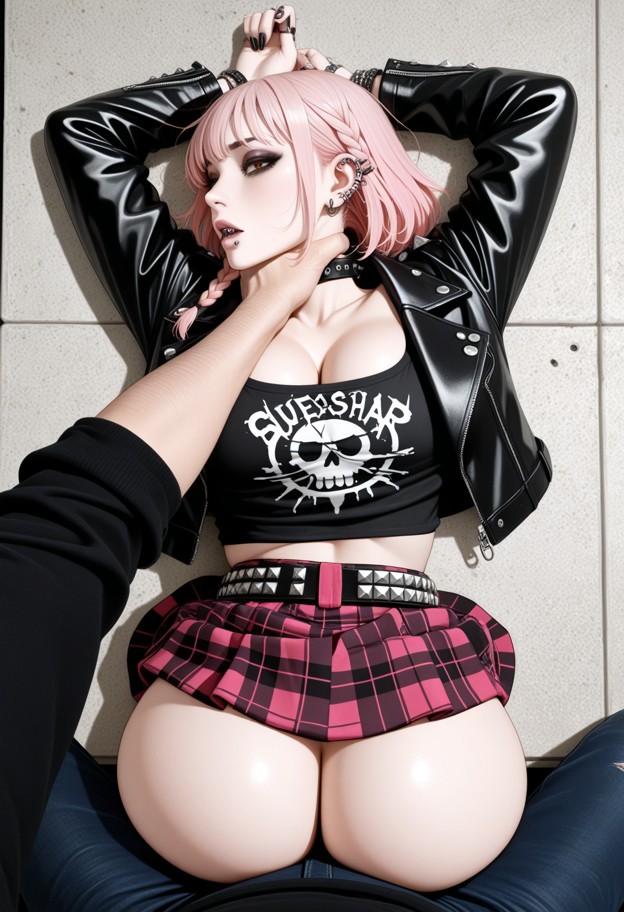 1girl,1guy,choking woman,lying on back,hands around neck,punk outfit,leather jacket,plaid skirt,studs,eyeliner,pierci…