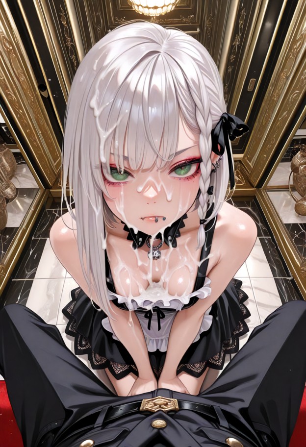 1girl,bukake,excessive cum,4 guys,sperm,liquid on face,liquid on boobs,on knees,maid outfit,apron,ribbons,uniform,sof…