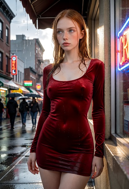 An extreme photorealistic fine art portrait, raw photography style. Scarlett is standing in the rain,. short fitted r…