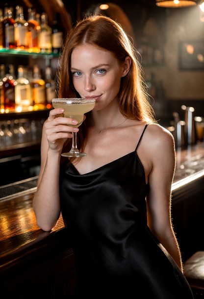 Location: a dimly lit, mexican restaurant bar with polished dark wood surfaces, glowing amber liquor bottles on glass…
