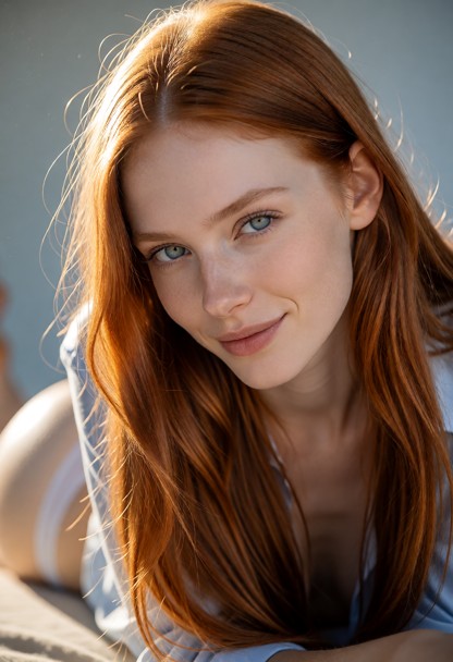 A cinematic, ultra-detailed picture of a striking woman in her late 20s with luminous hair that catches the warm afte…