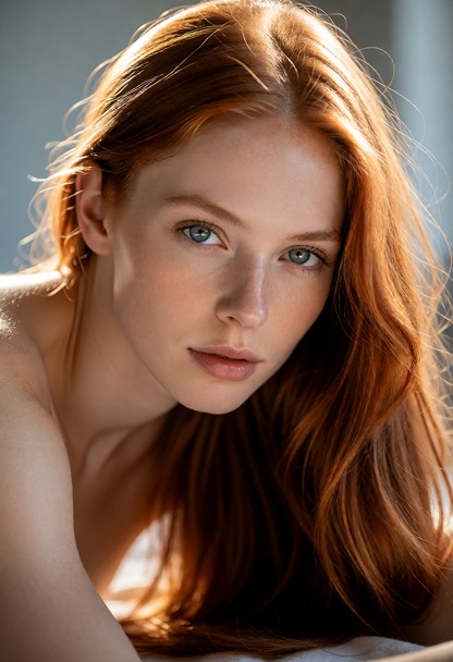 A cinematic, ultra-detailed picture of Scarlett, a striking woman in her late 20s with luminous, cascading hair that …
