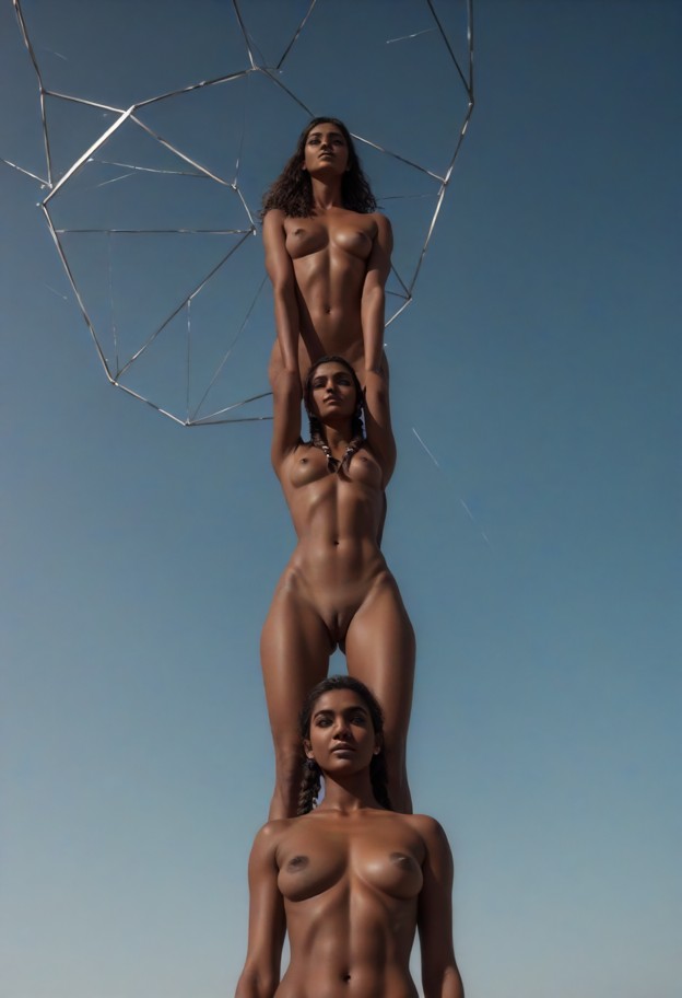(high contrast monochrome:1.7) woman made of floating translucent spheres,nude,spheres of various sizes forming body,…