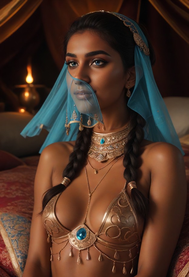she is is touching the man's cheek,blue transparent belly dancer outfit,blue face veil,gold jewelry,gold shackles,bed…