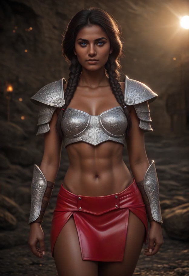 she is walking towards viewer,silver metal micro armor,red leather skirt,fantasy battlefield,smoke,embers,broken swor…