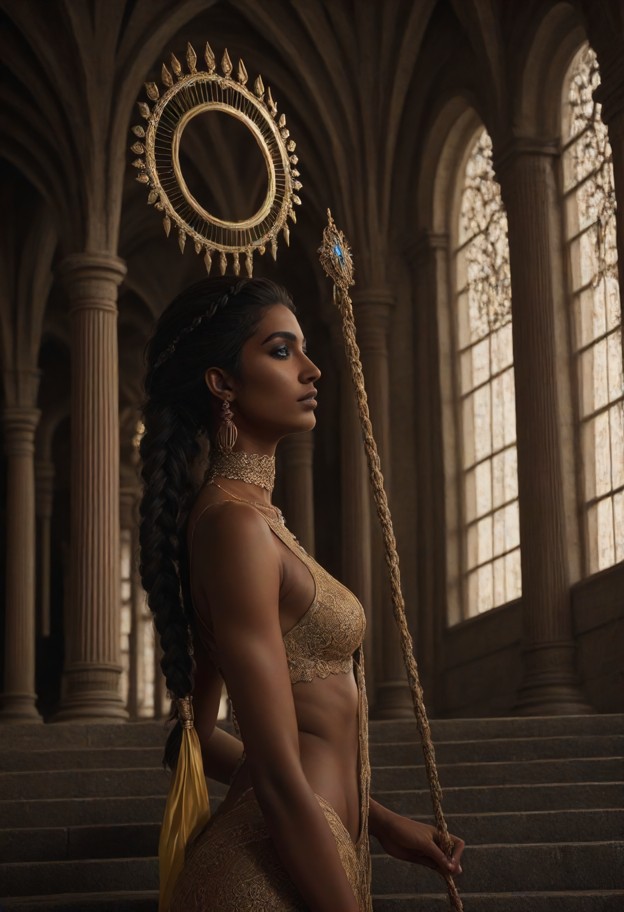 ((dark-skinned_female:1.9)),long hair,halo,she is stands at the head of the chamber holding a massive glowing luxurio…