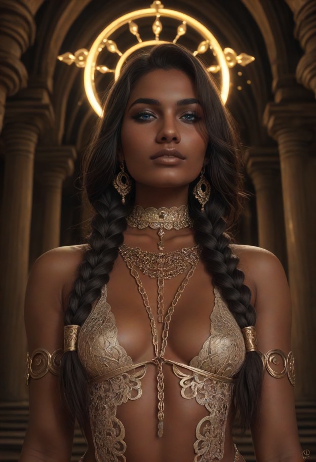 ((dark-skinned_female:1.9)),long hair,halo,she is stands at the head of the chamber holding a massive glowing luxurio…