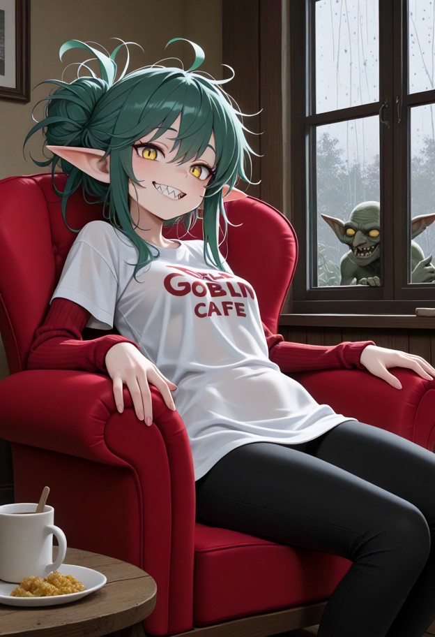 she is is sitting in a red velvet armchair and leaning back with a happy expression,white cotton t-shirt,black leggin…