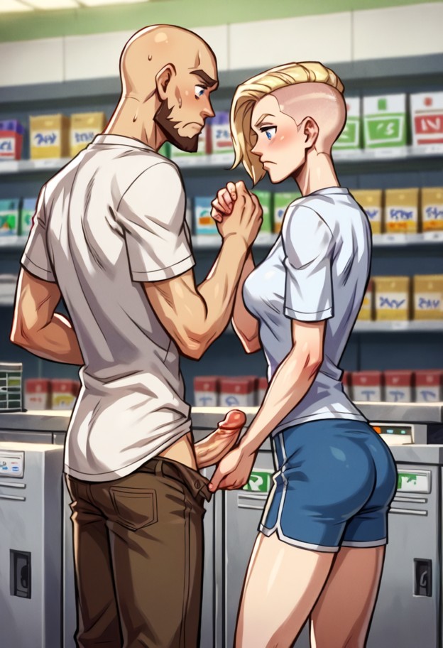 a girl is standing in a clothing store. she is handing a credit card to the cashier,she has long square tip manicure,…
