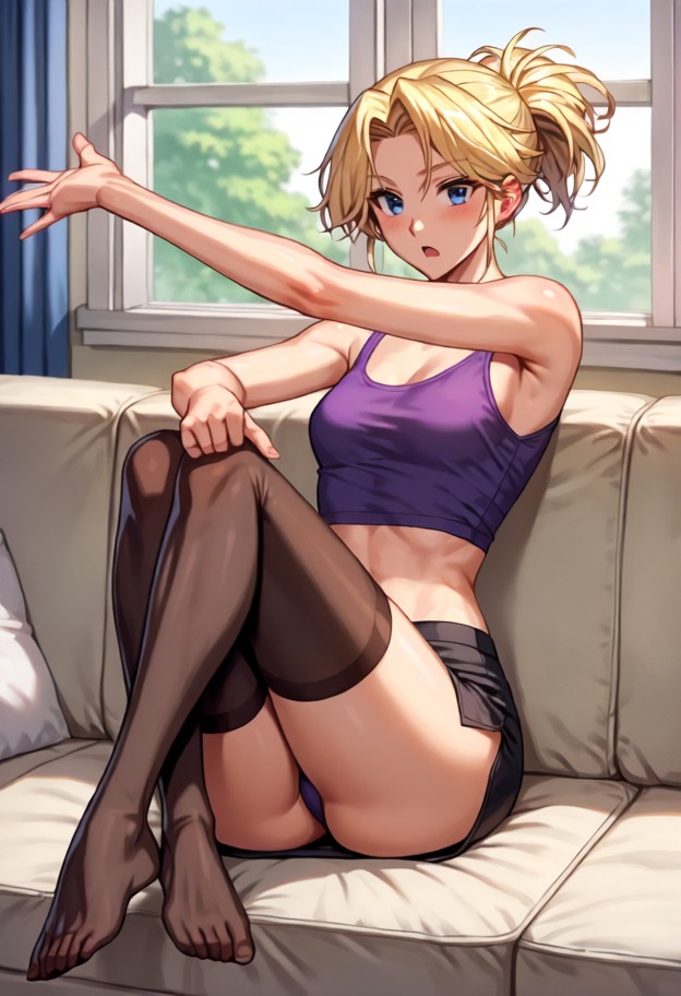 1girl sitting on sofa,violet tank top,black bra,black mini skirt,black stockings,red toes,grey couch,living room,hard…