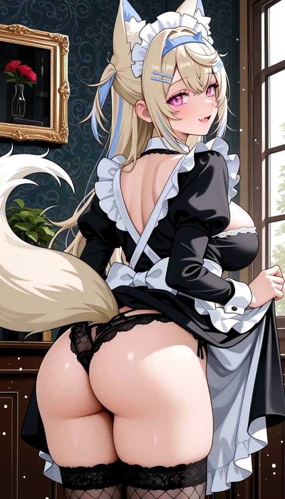 1girl,underwear,panties,ass,breasts,maid,thighhighs,black_panties,solo,maid_headdress,enmaided,indoors,clothes_lift,p…