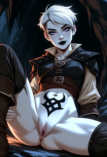 She wears simple black rogues leathers over a linen shirt., The subject looks flirty, with a subtle smile, direct gaz…