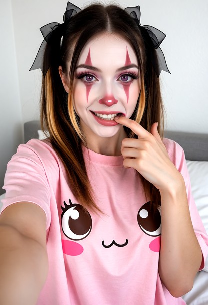 She has one hand holding the camera capturing a selfie and the other is reaching to her mouth with the index finger p…