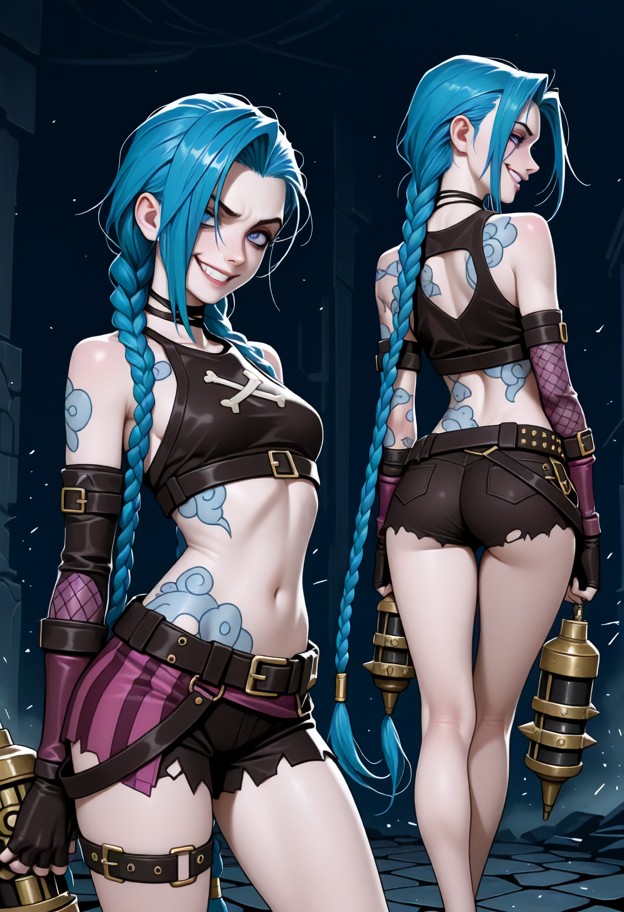 anime style arcane,jinx arcane,small slim petite athletic adult female,long blue braided hair pink streaks wild blue …