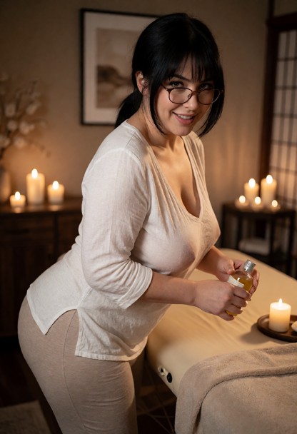 Location: a cozy, tastefully decorated massage salon filled with the warm glow of scented candles and soft, ambient l…