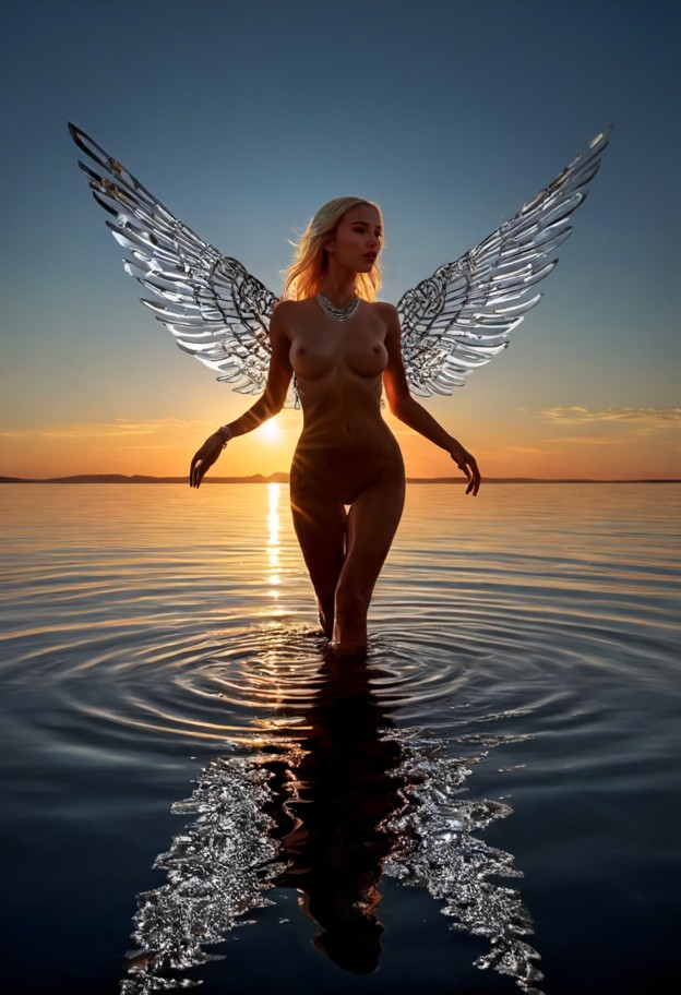 a mesmerizing cinematic fantasy portrait of a statuesque woman walking effortlessly across a mirror-still expanse of …