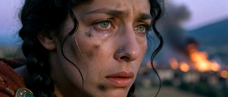 MEDIUM AND FORMAT: Extreme close-up reaction shot in an ultra-wide 21:9 CinemaScope frame from a restored 1950s three…