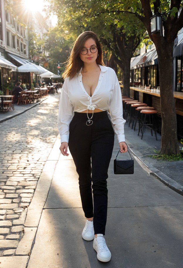 hannah carter is walking on a city sidewalk,baggy white cotton long-sleeved blouse,black fabric trousers,white sneake…