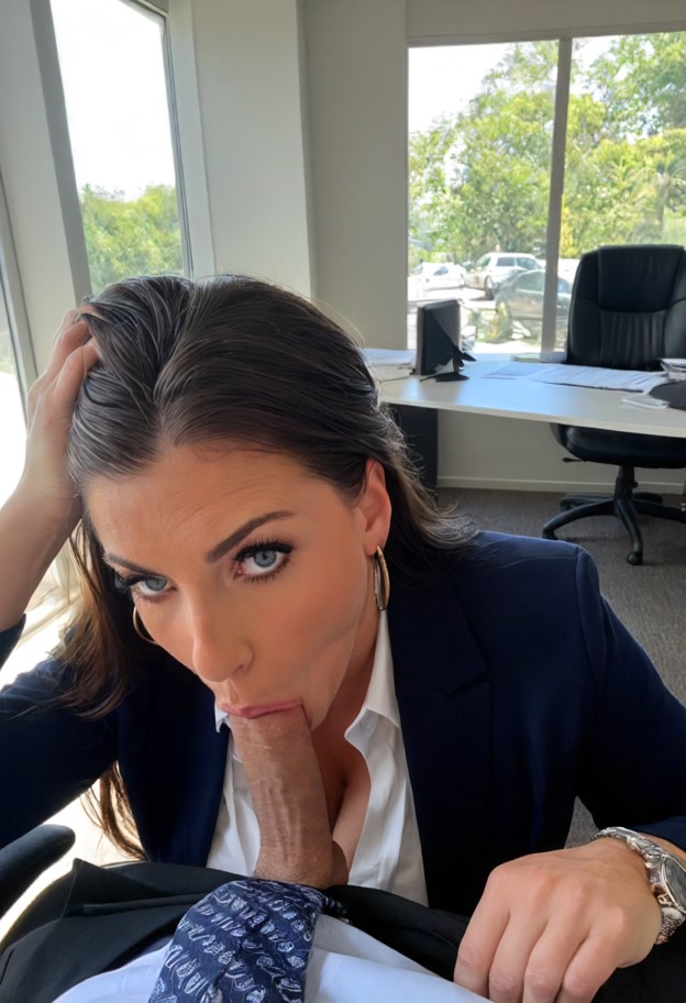 1girl,1guy,penis,deepthroat,face grabbing,hands on head,mouth full,pov,business attire,suit,blouse,office outfit,form…