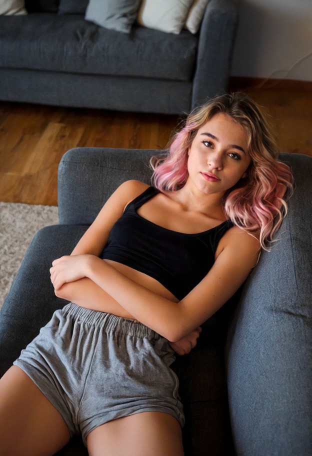 she is collapses on couch,black tank top,grey shorts around thighs,living room,soft fabric couch,wooden coffee table,…