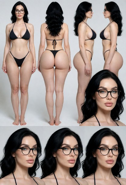 Skin must be clean and flawless: no tattoos, no scars, no marks, no blemishes. Wearing a minimal bikini black, perfec…