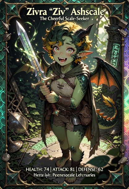 Create a premium collectible trading card featuring Zivra “Ziv” Ashscale, with her name prominently displayed across …