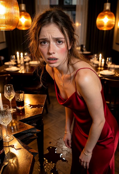 Location: elegant restaurant in the evening with warm amber lighting from low-hanging pendants and soft candlelight r…