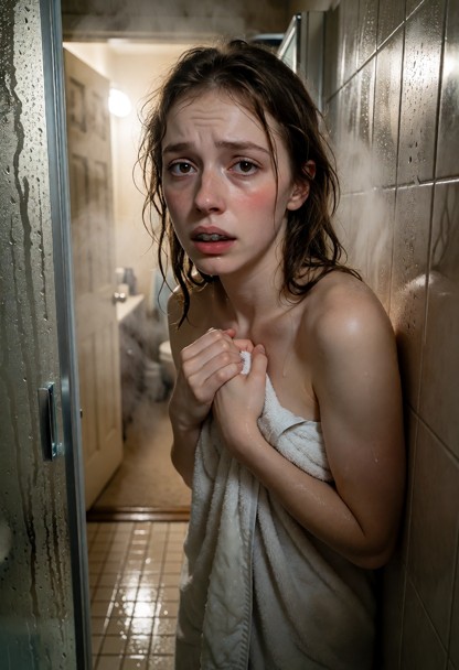 Location: afternoon in a steamy bathroom where thick mist clings to the tiled walls and droplets of condensation clin…