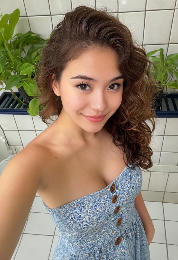 1girl gesturing with pencil,light blue floral sunddress,spa area,white tiled floor,wooden tale,smiling,selfie closeup…