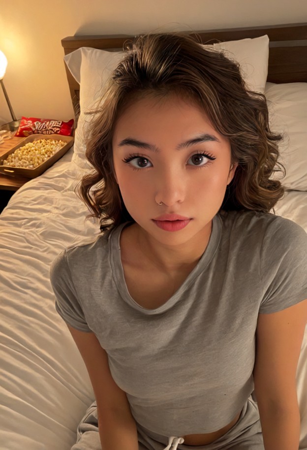 she is crawling on bed,grey oversized t-shirt,grey cotton sweatpants,bedroom,large bed,white sheets,wooden desk,popco…