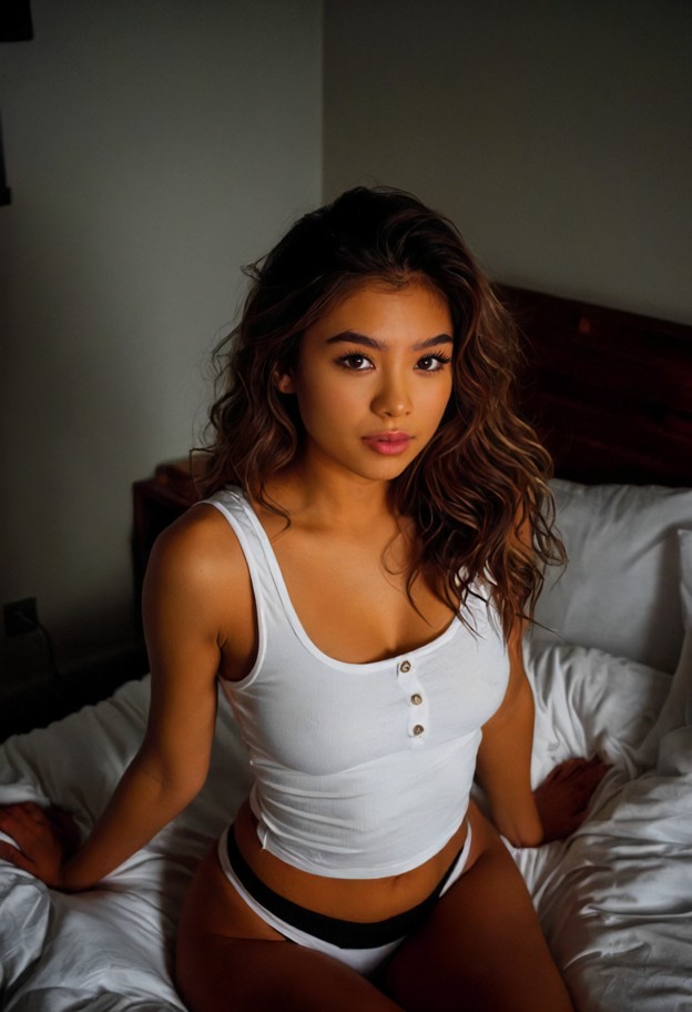 she is sitting on the edge of the bed,white cotton tank top,black cotton panties,messy unmade bed,white sheets,wooden…