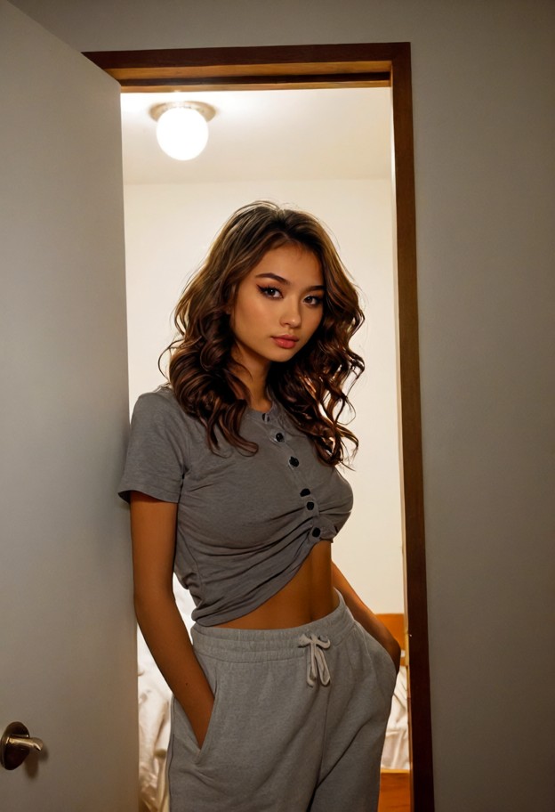 she is leaning against door,grey oversized t-shirt,grey cotton sweatpants,small bedroom,messy sheets,dim lighting,clo…
