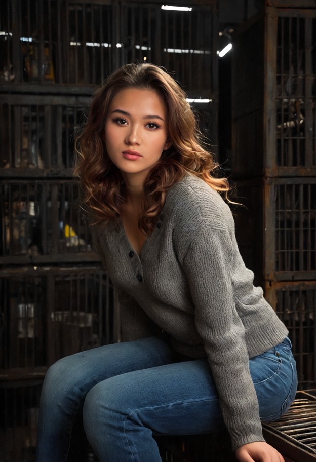 she is is sitting on a metal crate,blue denim jeans,soft grey wool sweater,dim cargo bay,metal walls,stacked crates,d…