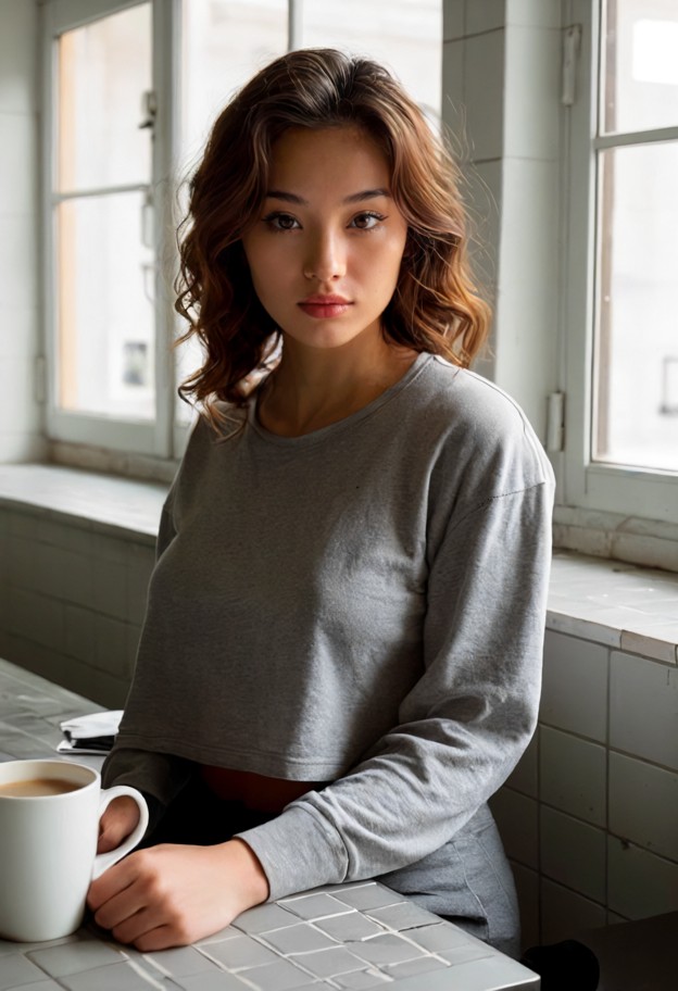she is sits at a metal table holding a white mug,grey oversized t-shirt,grey cotton sweatpants,empty canteen,white ti…