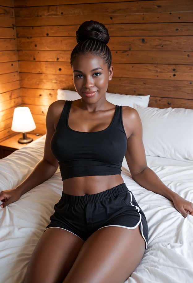 she is lying on her back on the bed with arms spread out,smiling,black cotton tank top,black cotton shorts,cabin bedr…