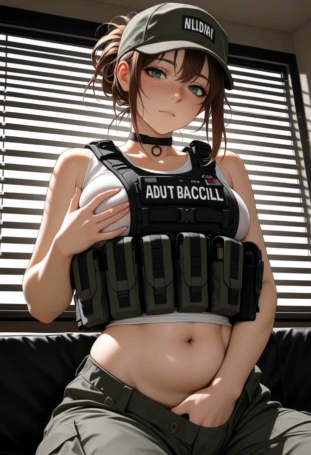 lying on her back,boobs,she is solo,army bootcamp. sunlight through window blinds,close up,soft lighting. tactical ve…