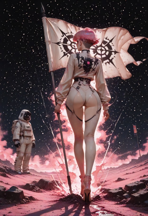 (full-body shot:1.4),a person in a full white futuristic spacesuit,wearing a closed astronaut helmet with integrated …