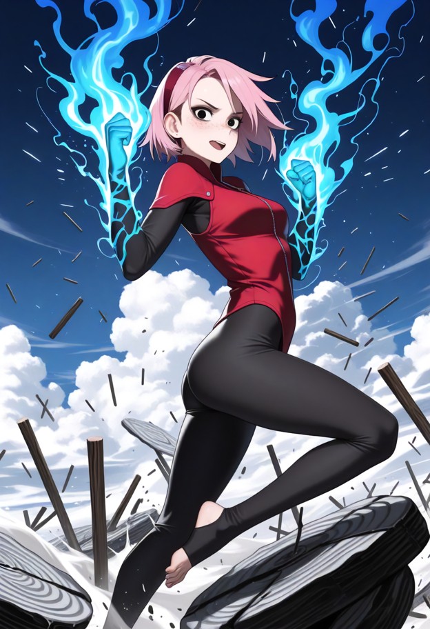 naruto shippuden anime screenshot,studio pierrot style. sakura haruno with short pink hair and a red ninja outfit,mid…