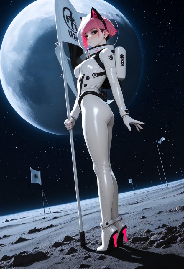 (full-body shot:1.4),a person in a full white futuristic spacesuit,wearing a closed astronaut helmet with integrated …