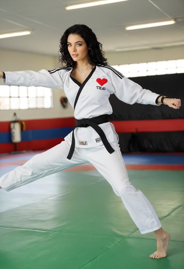 she delivers a sliding kick,taekwondo uniform,training hall,medium shot,natural lighting