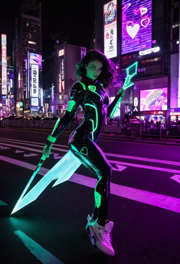 perfect anatomy,full body shot. 1girl,solo,side view,flying on glowing holographic playing cards,kinetic energy aura,…