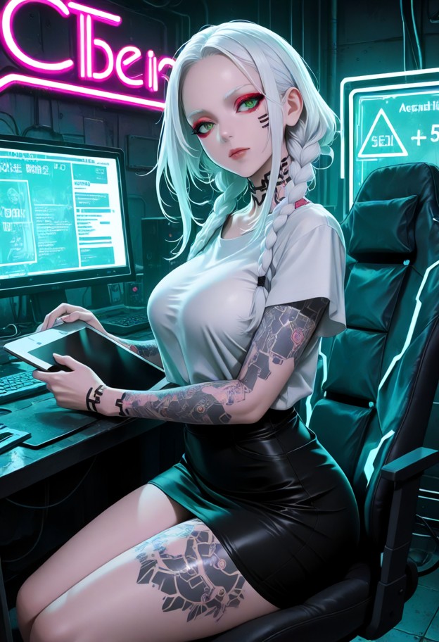 sitting in a chair holding a tablet,short skirt,tight cotton shirt,dim cybercafe,neon lights,glowing computer monitor…