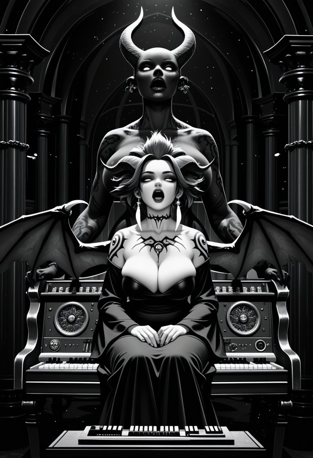 cinematic wide shot from behind a female organist sitting on a wooden bench,wearing an elegant long dark velvet dress…