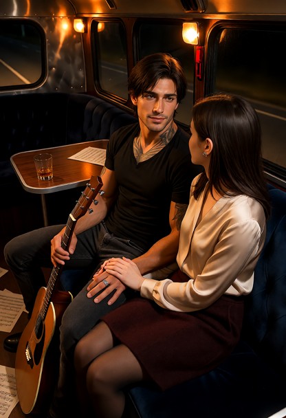 Location: night inside a dimly lit tour bus with plush navy velvet seating, a small wood-paneled table holding a half…