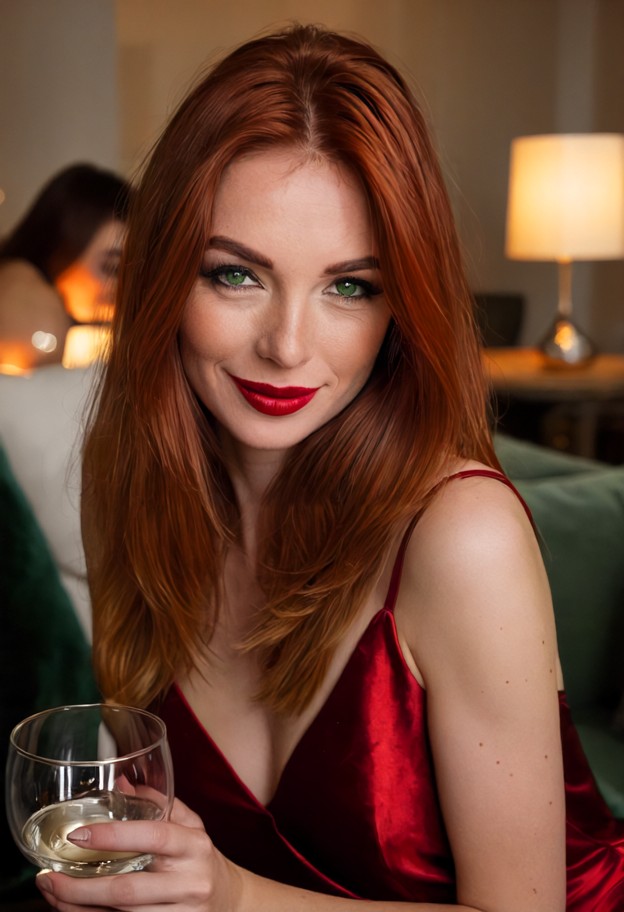 she is,leaning into viewer,hugging,closed eyes,happy,red silk slip dress,living room,velvet sofa,coffee table,empty w…