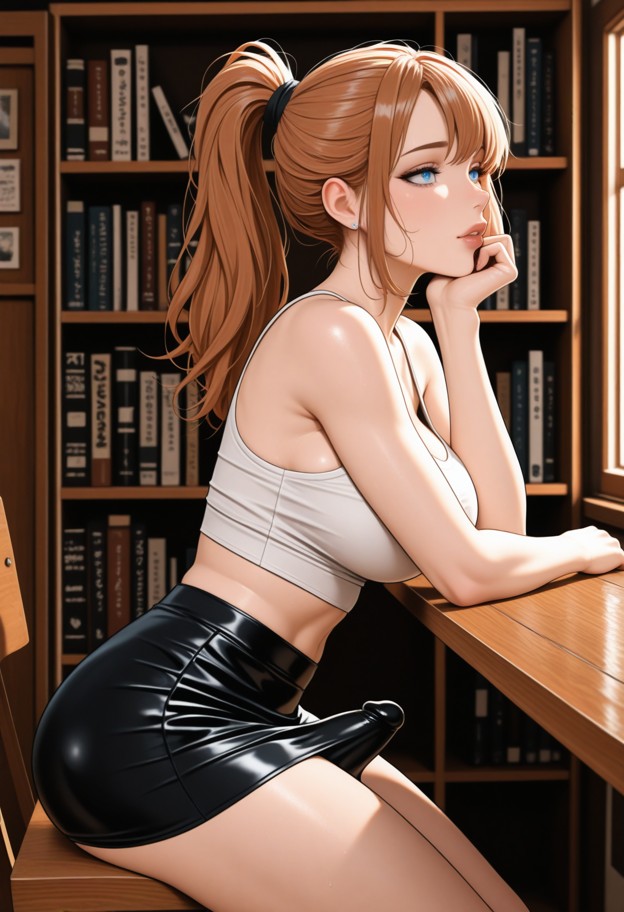 1futa sitting at a wooden table leaning forward with her chin resting on her hand,tight white crop top,black mini ski…