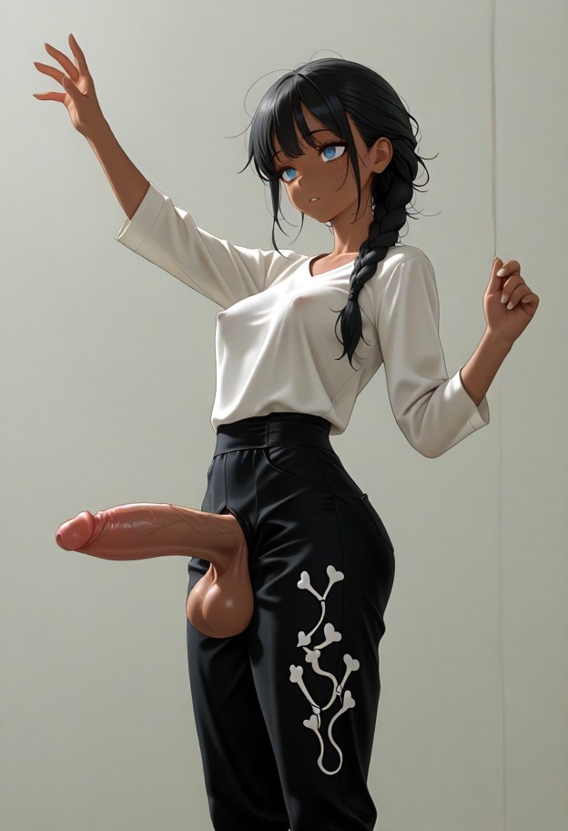 1girl,futanari,solo,startled,blushing,jumping back,reaching forward,cotton shirt,fabric trousers,unknown setting,medi…