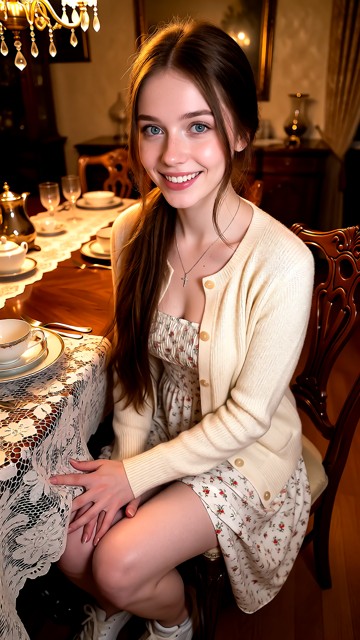Location: warm evening in a cozy dining room with a polished wooden table, lace tablecloth, and soft amber light from…